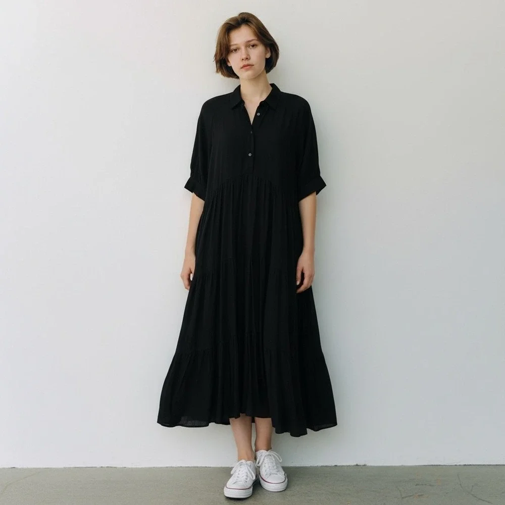 A Loves A Button Down Cuff Sleeve Tiered Waistless Midi Shirt Dress Size M Black - Picture 1 of 11